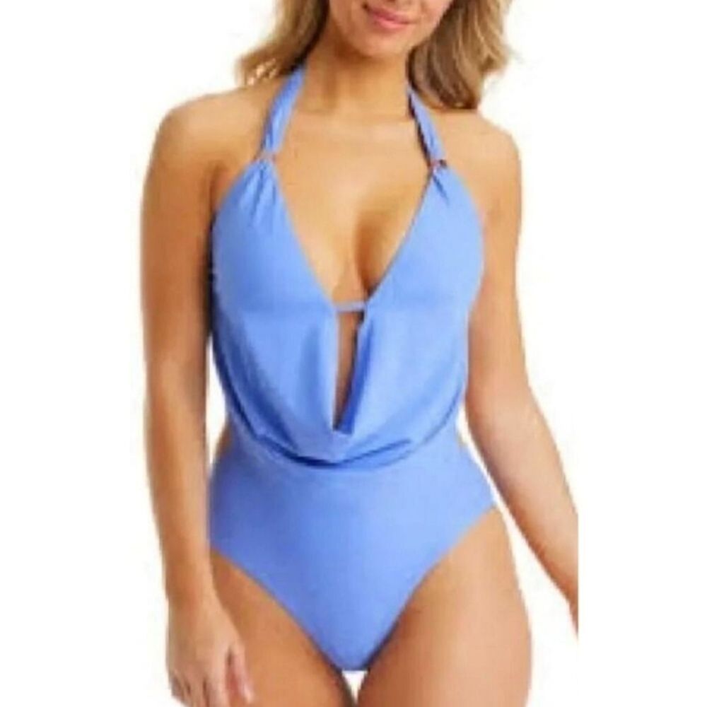 Bar III Core Solids Berry Periwinkle Blue Cowlneck One-Piece Swimsuit Size M